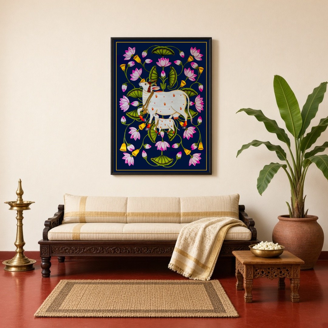 This exquisite Pichwai art piece captures the serene grace of Kamdhenu and her calf amidst a for Living Room