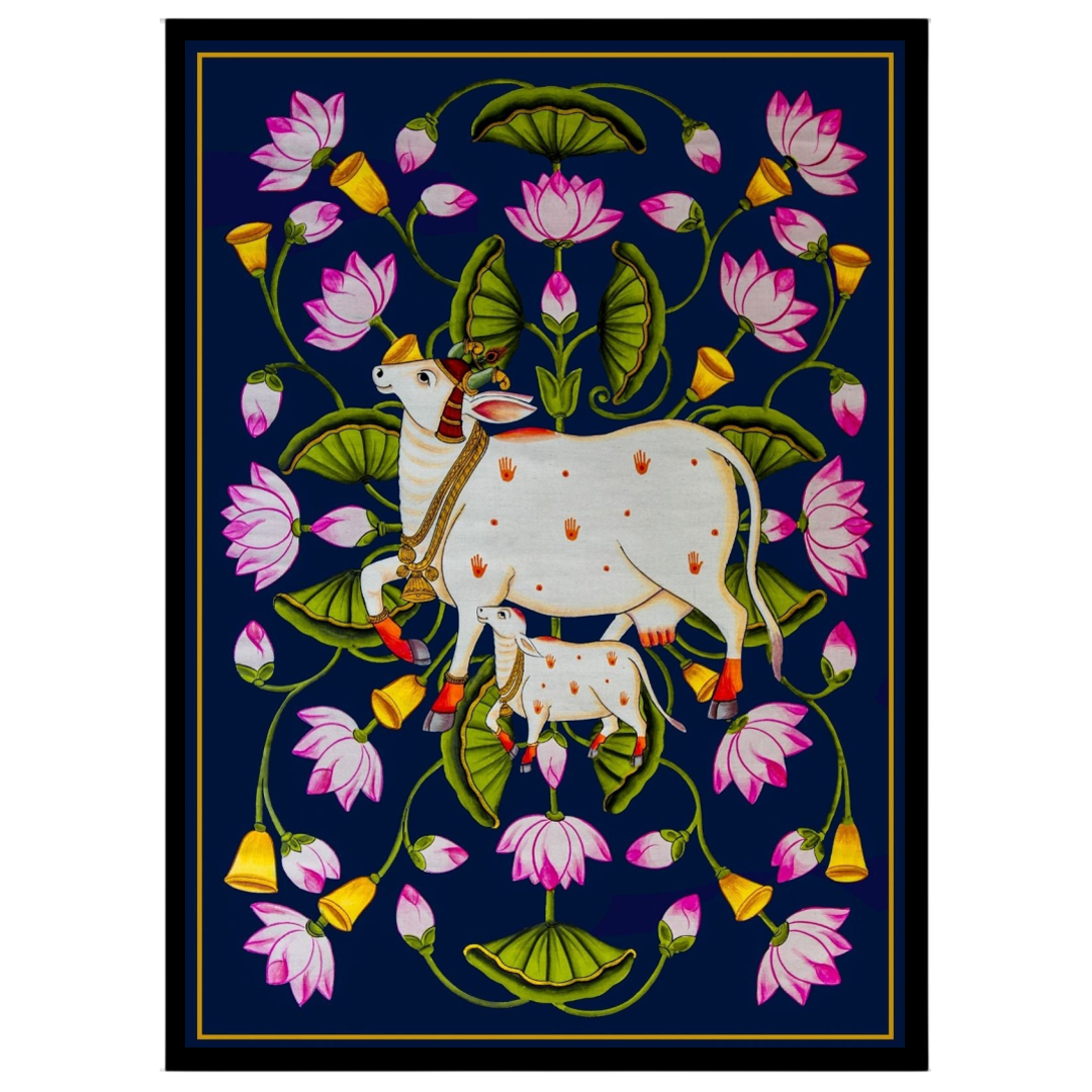 This exquisite Pichwai art piece captures the serene grace of Kamdhenu and her calf amidst a for place