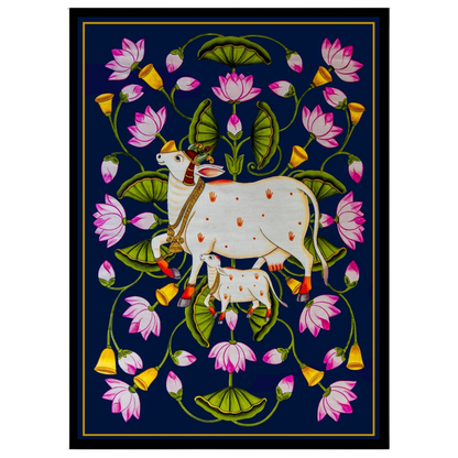 This exquisite Pichwai art piece captures the serene grace of Kamdhenu and her calf amidst a for place
