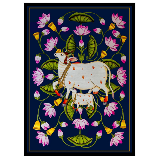 This exquisite Pichwai art piece captures the serene grace of Kamdhenu and her calf amidst a for place