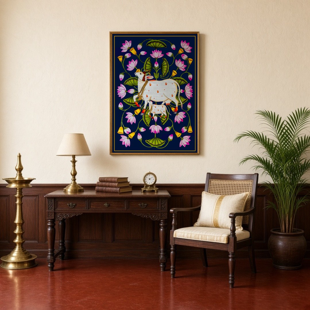 This exquisite Pichwai art piece captures the serene grace of Kamdhenu and her calf amidst a for Study