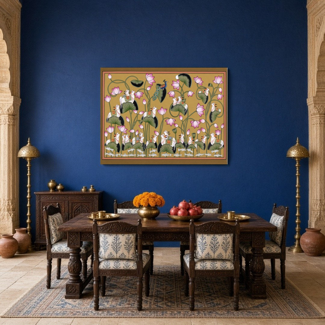 Capture the essence of harmony and abundance with this exquisite Pichwai artwork, featuring the for Dining
