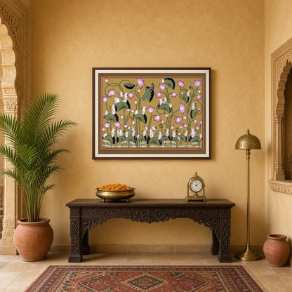 Capture the essence of harmony and abundance with this exquisite Pichwai artwork, featuring the for Entrance