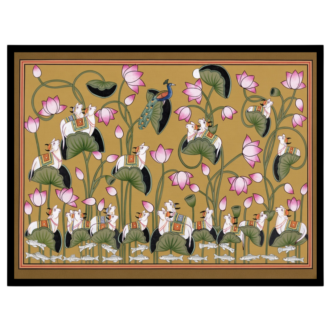 Capture the essence of harmony and abundance with this exquisite Pichwai artwork, featuring the for retreat