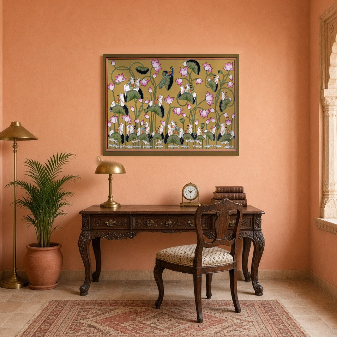 Capture the essence of harmony and abundance with this exquisite Pichwai artwork, featuring the for Study
