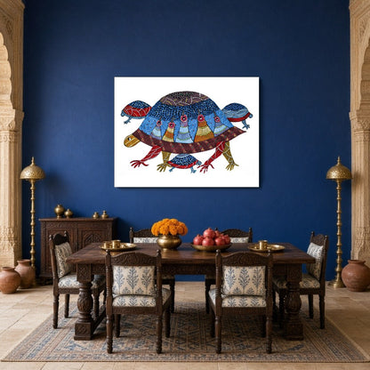 Delight in the intricate patterns and vibrant hues of this Gond artwork depicting a family of for Dining