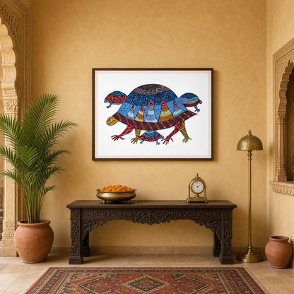 Delight in the intricate patterns and vibrant hues of this Gond artwork depicting a family of for Entrance