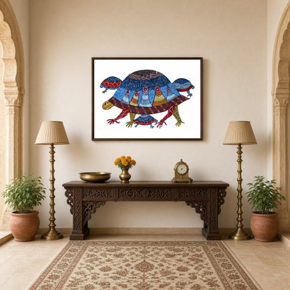 Delight in the intricate patterns and vibrant hues of this Gond artwork depicting a family of for Hallway