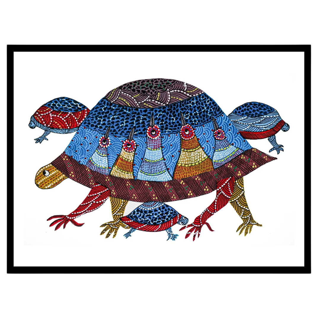 Delight in the intricate patterns and vibrant hues of this Gond artwork depicting a family of for kitchen