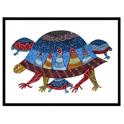Delight in the intricate patterns and vibrant hues of this Gond artwork depicting a family of for kitchen