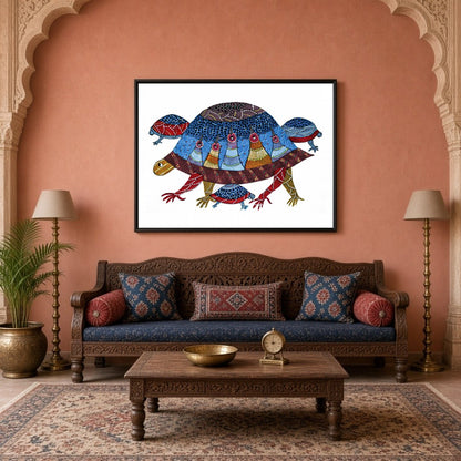 Delight in the intricate patterns and vibrant hues of this Gond artwork depicting a family of for Living Room