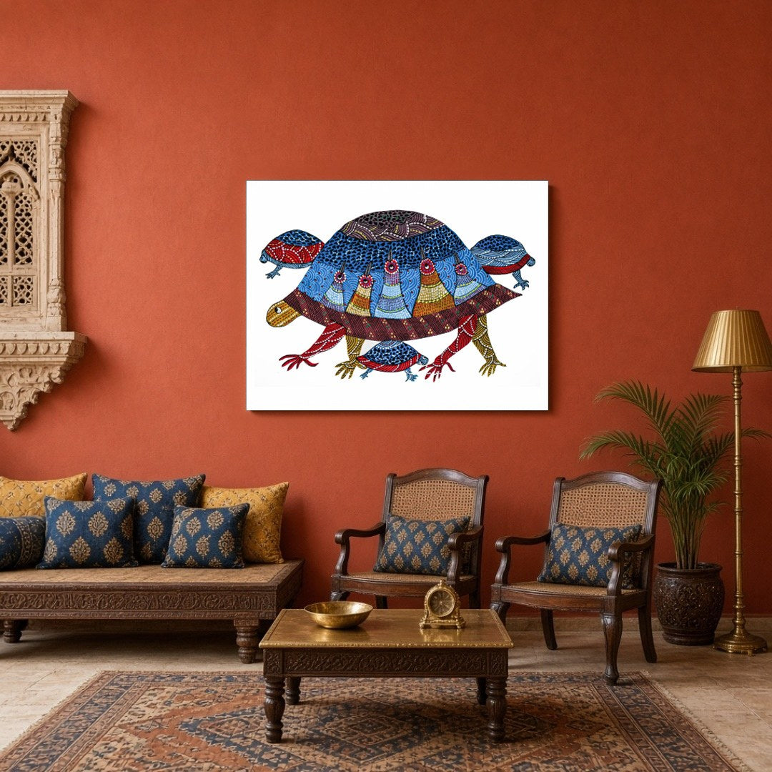 Delight in the intricate patterns and vibrant hues of this Gond artwork depicting a family of for Sitting Area