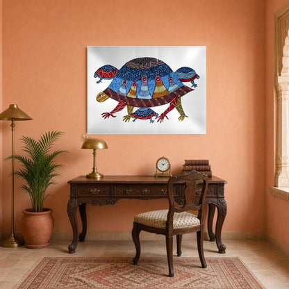 Delight in the intricate patterns and vibrant hues of this Gond artwork depicting a family of for Study