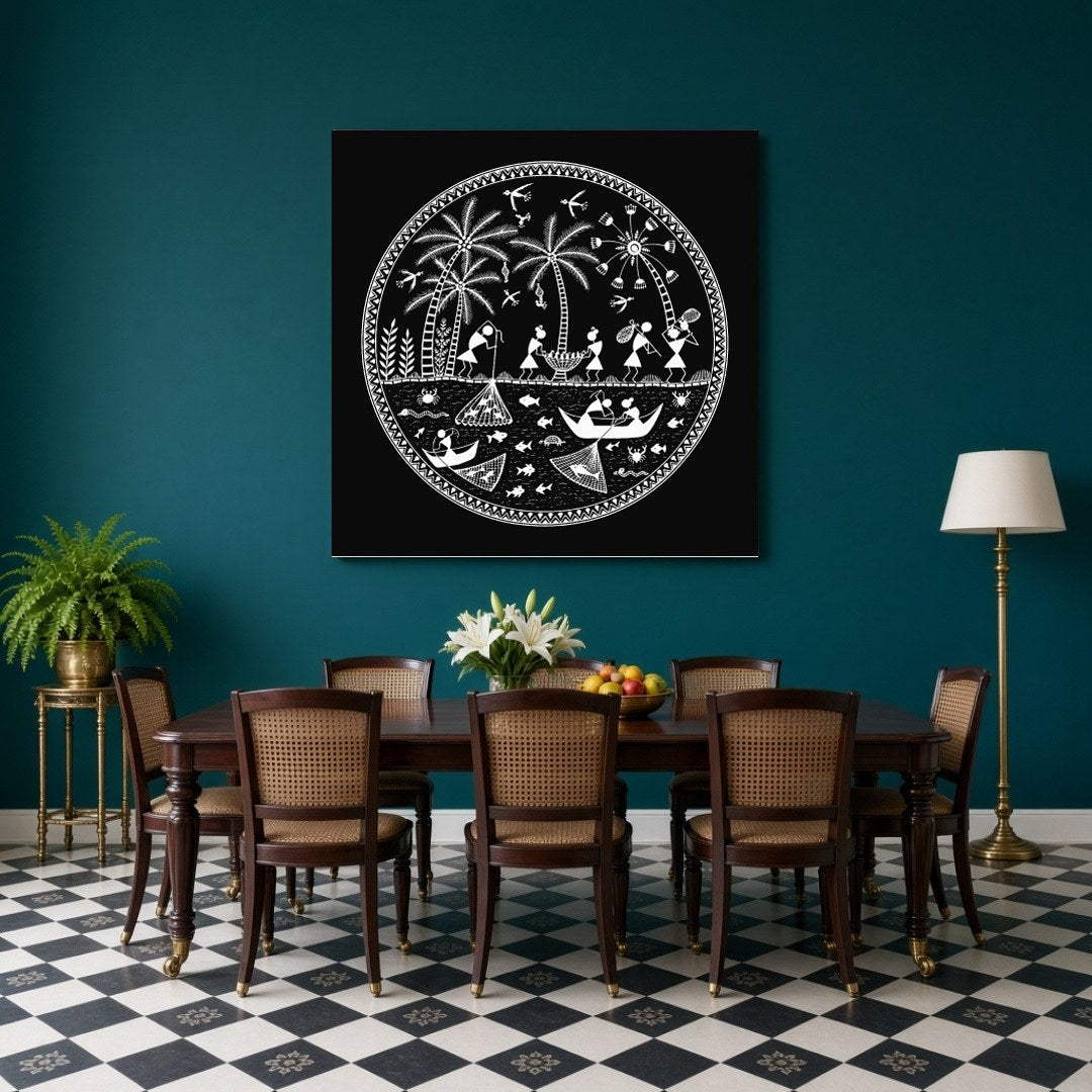 Immerse yourself in the rhythmic dance of village life with this exquisite Warli Folk Art print. for Dining