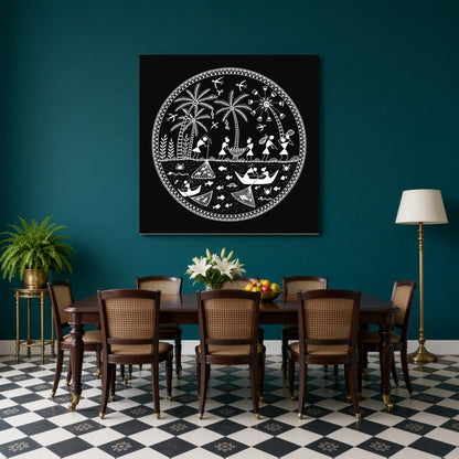 Immerse yourself in the rhythmic dance of village life with this exquisite Warli Folk Art print. for Dining