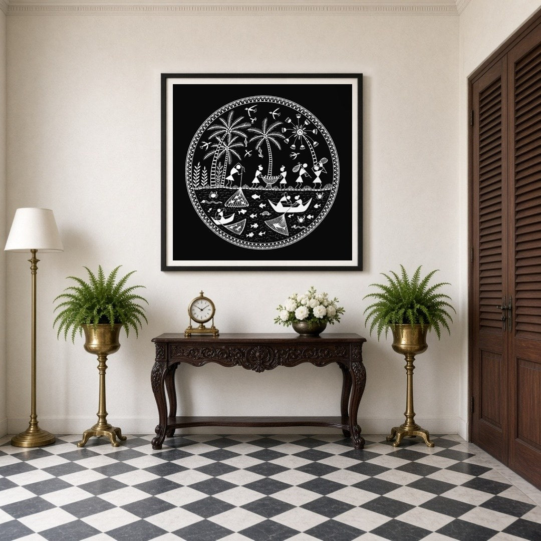 Immerse yourself in the rhythmic dance of village life with this exquisite Warli Folk Art print. for Entrance