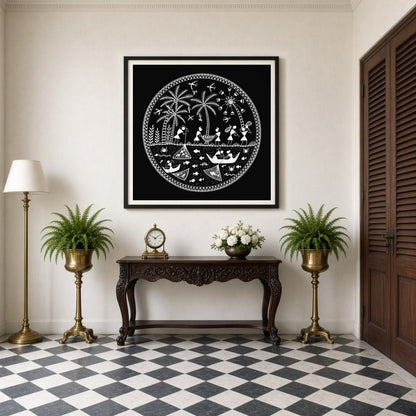 Immerse yourself in the rhythmic dance of village life with this exquisite Warli Folk Art print. for Entrance
