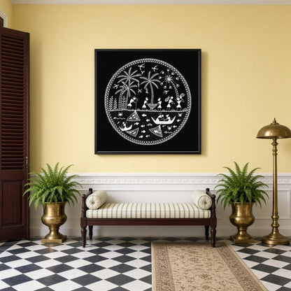 Immerse yourself in the rhythmic dance of village life with this exquisite Warli Folk Art print. for Hallway