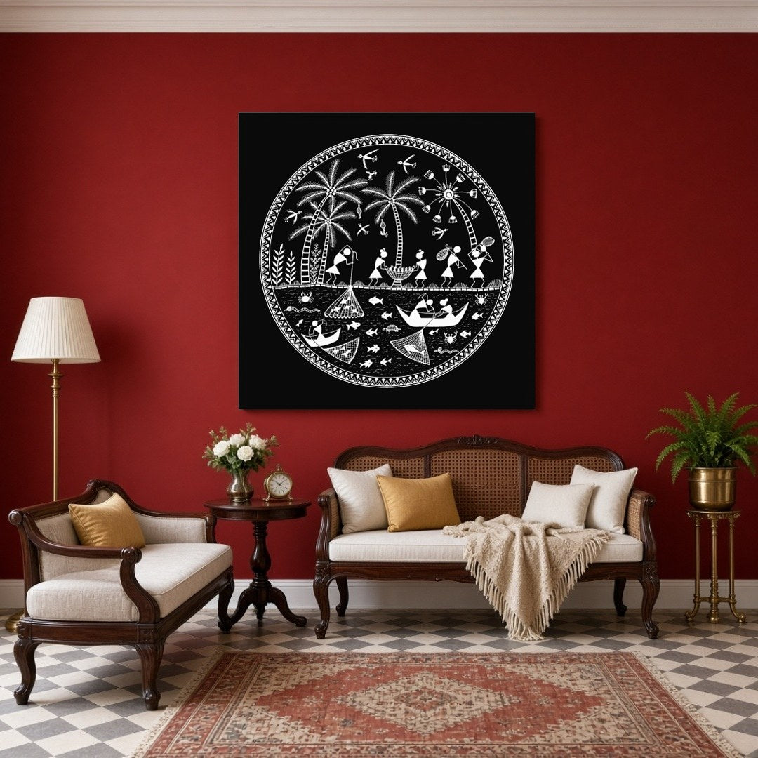 Immerse yourself in the rhythmic dance of village life with this exquisite Warli Folk Art print. for Sitting Area
