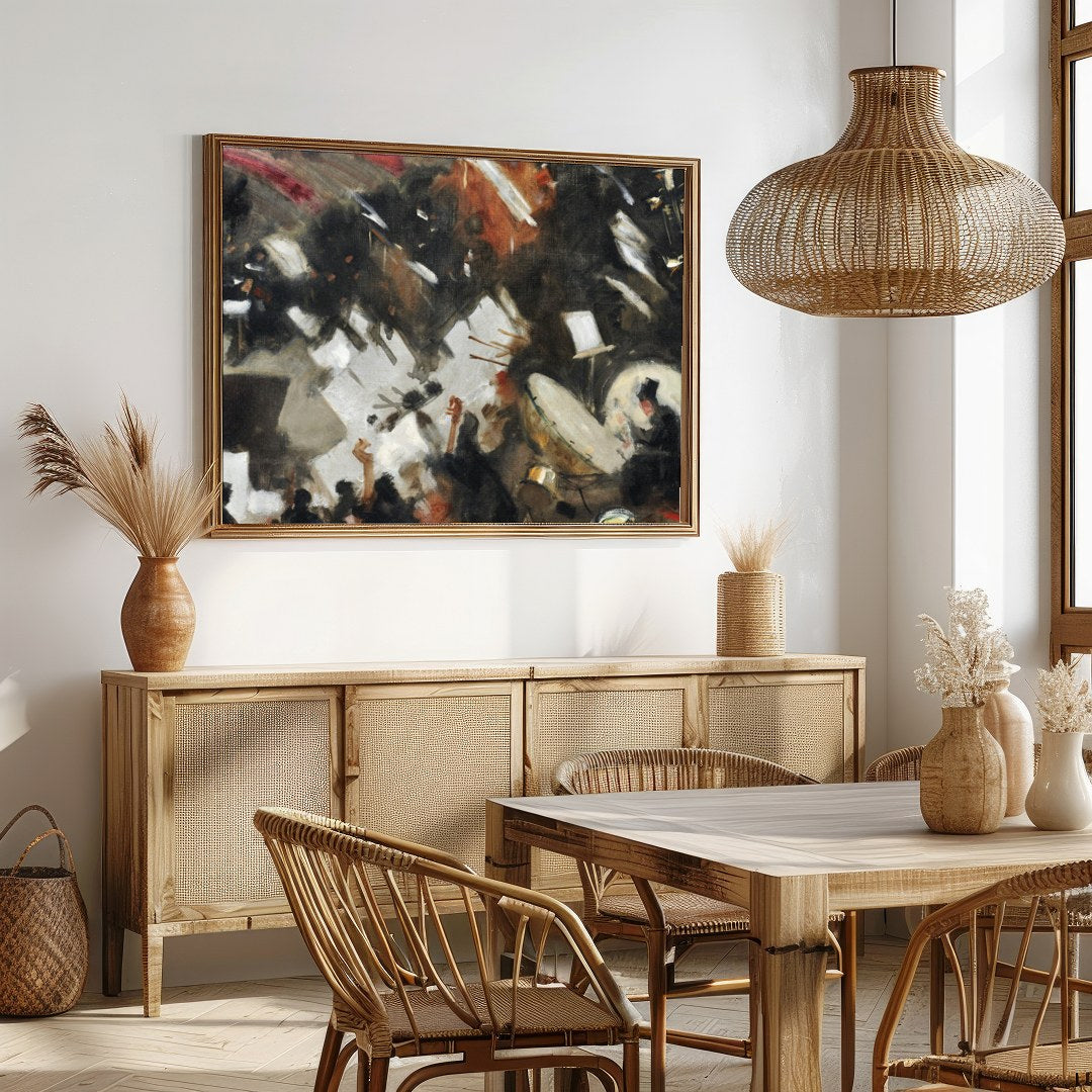 Experience the dynamic energy of an orchestra captured in abstract form. This artwork blends bold for Dining