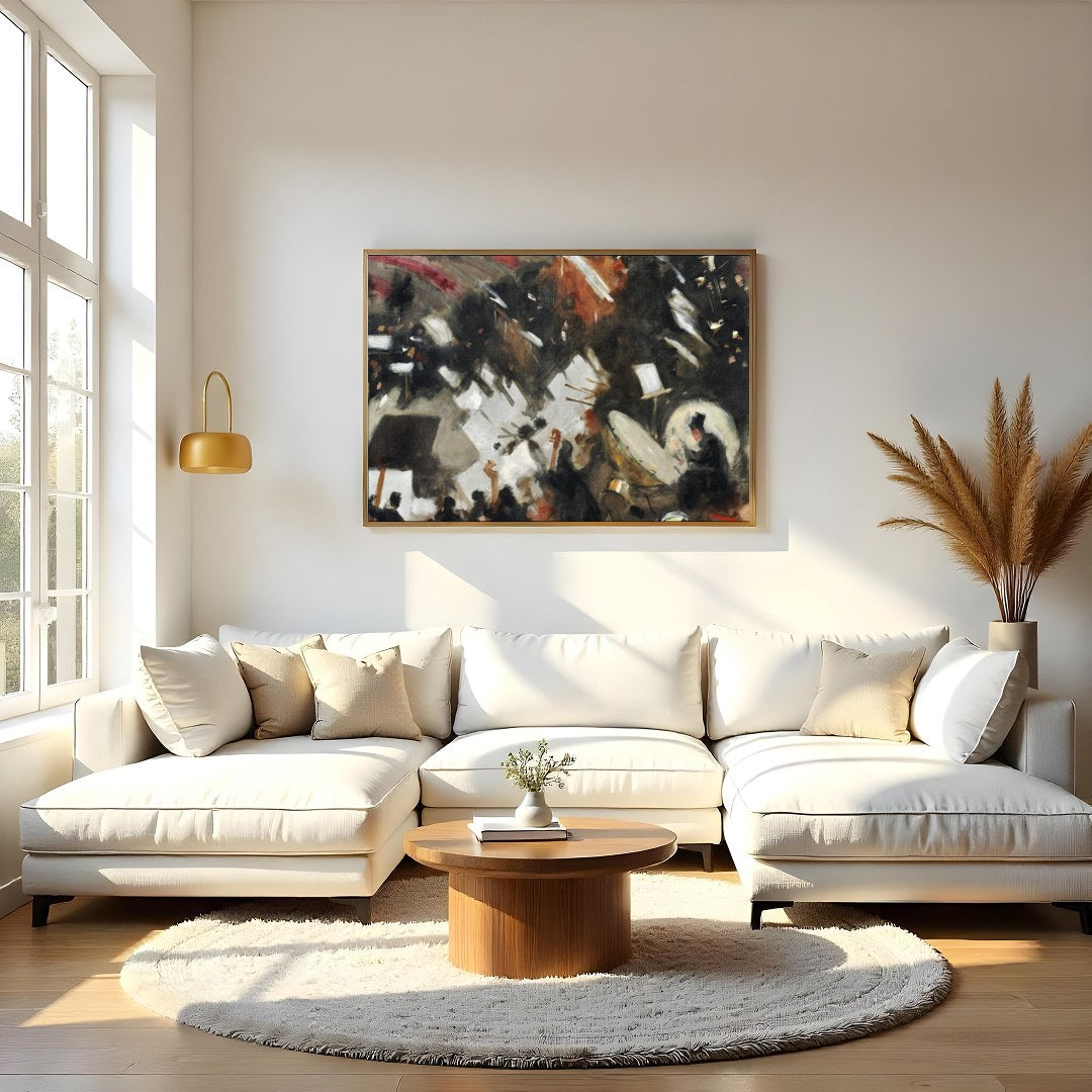 Experience the dynamic energy of an orchestra captured in abstract form. This artwork blends bold for Living Room