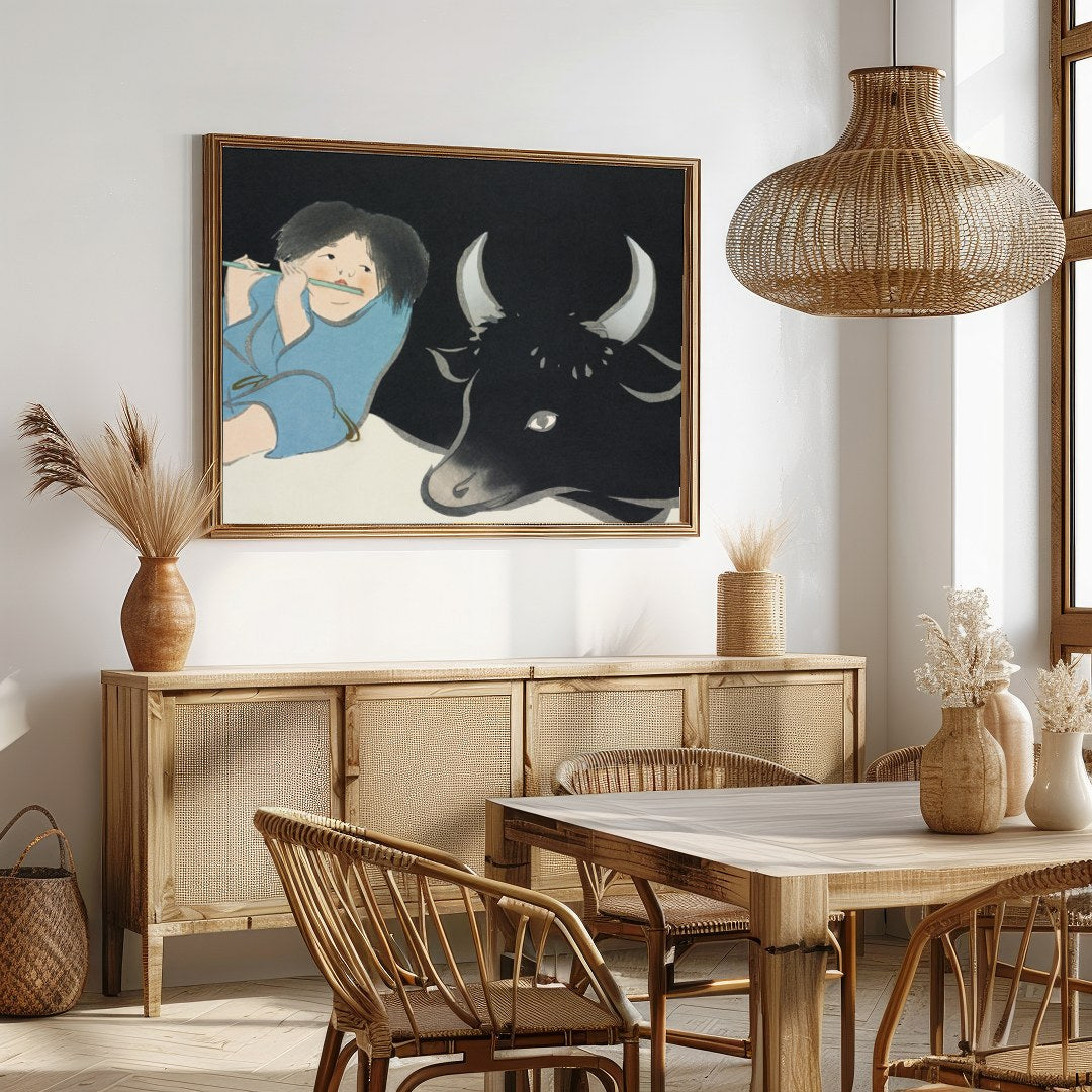 This captivating artwork depicts serene harmony between a young figure playing a flute and a for Dining
