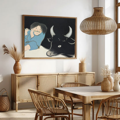 This captivating artwork depicts serene harmony between a young figure playing a flute and a for Dining