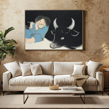 This captivating artwork depicts serene harmony between a young figure playing a flute and a for Family Room