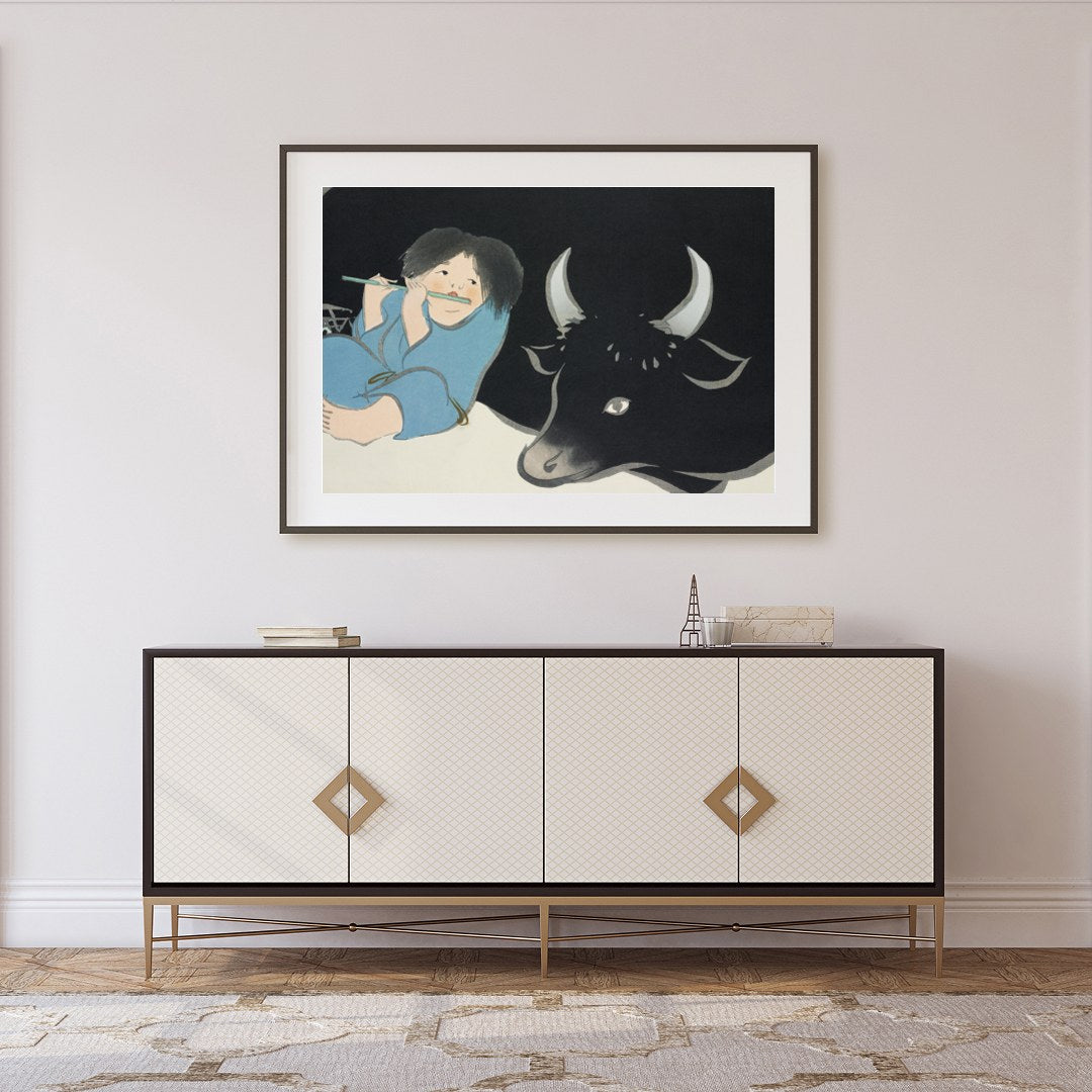 This captivating artwork depicts serene harmony between a young figure playing a flute and a for Foyer