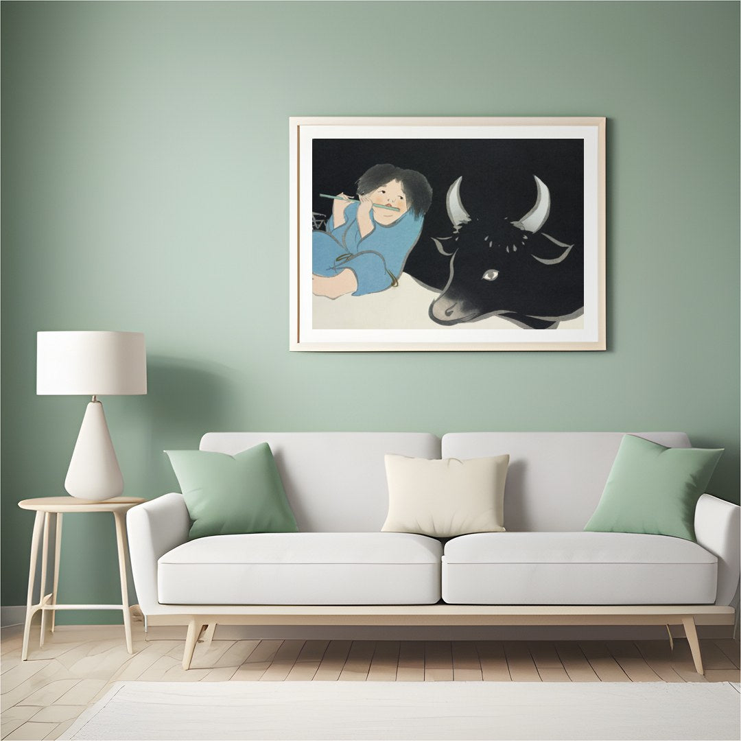 This captivating artwork depicts serene harmony between a young figure playing a flute and a for Hall