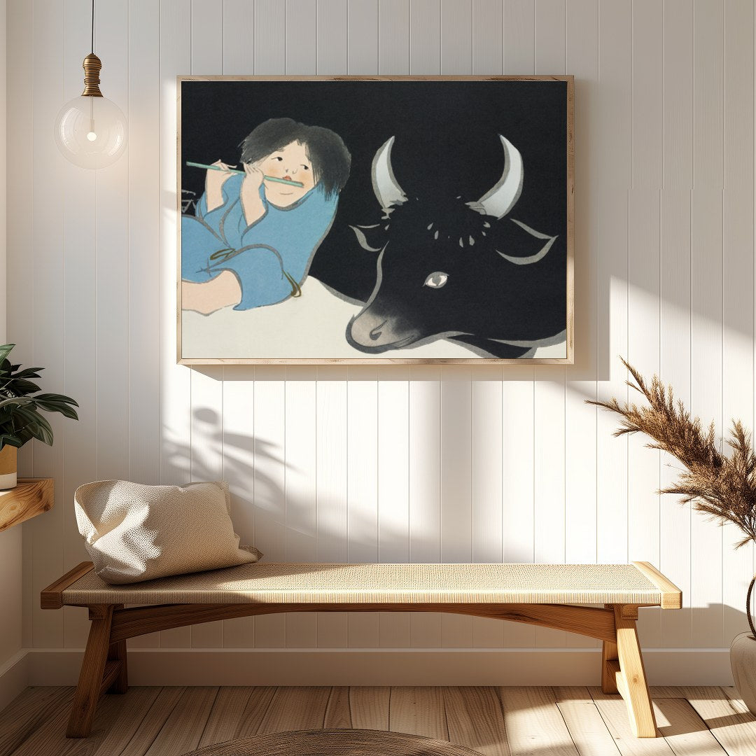 This captivating artwork depicts serene harmony between a young figure playing a flute and a for Hallway