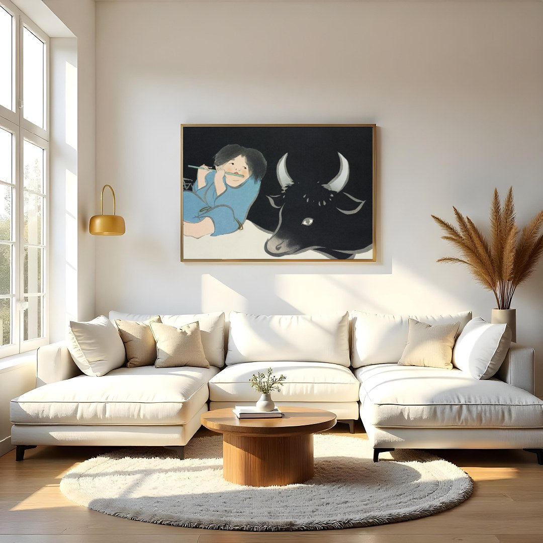 This captivating artwork depicts serene harmony between a young figure playing a flute and a for Living Room