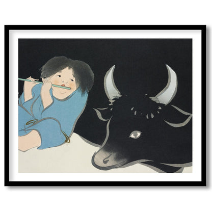This captivating artwork depicts serene harmony between a young figure playing a flute and a for office