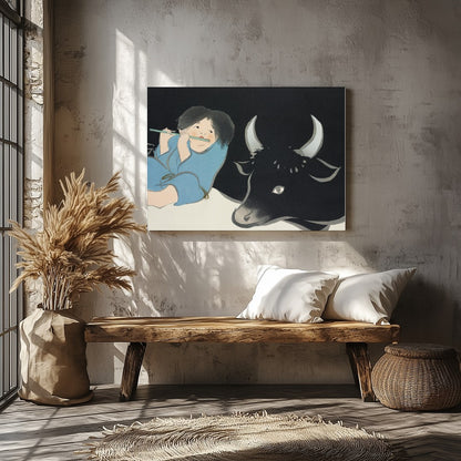 This captivating artwork depicts serene harmony between a young figure playing a flute and a for Veranda