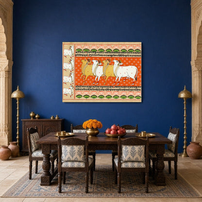 Immerse yourself in the vibrant tapestry of the 'Harmony of Kamdhenu and Lotus: Orange Pichwai for Dining