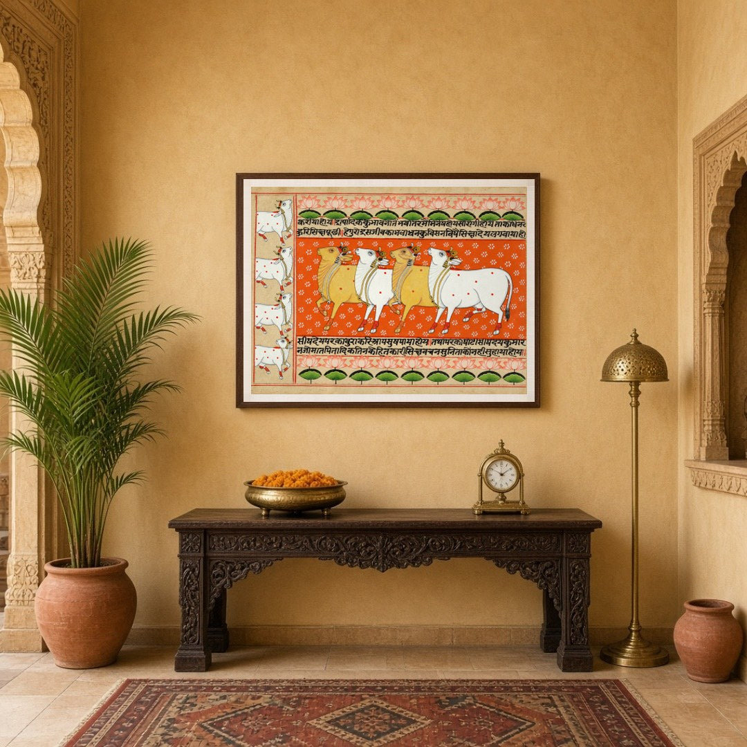 Immerse yourself in the vibrant tapestry of the 'Harmony of Kamdhenu and Lotus: Orange Pichwai for Entrance