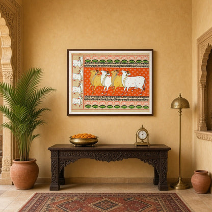 Immerse yourself in the vibrant tapestry of the 'Harmony of Kamdhenu and Lotus: Orange Pichwai for Entrance