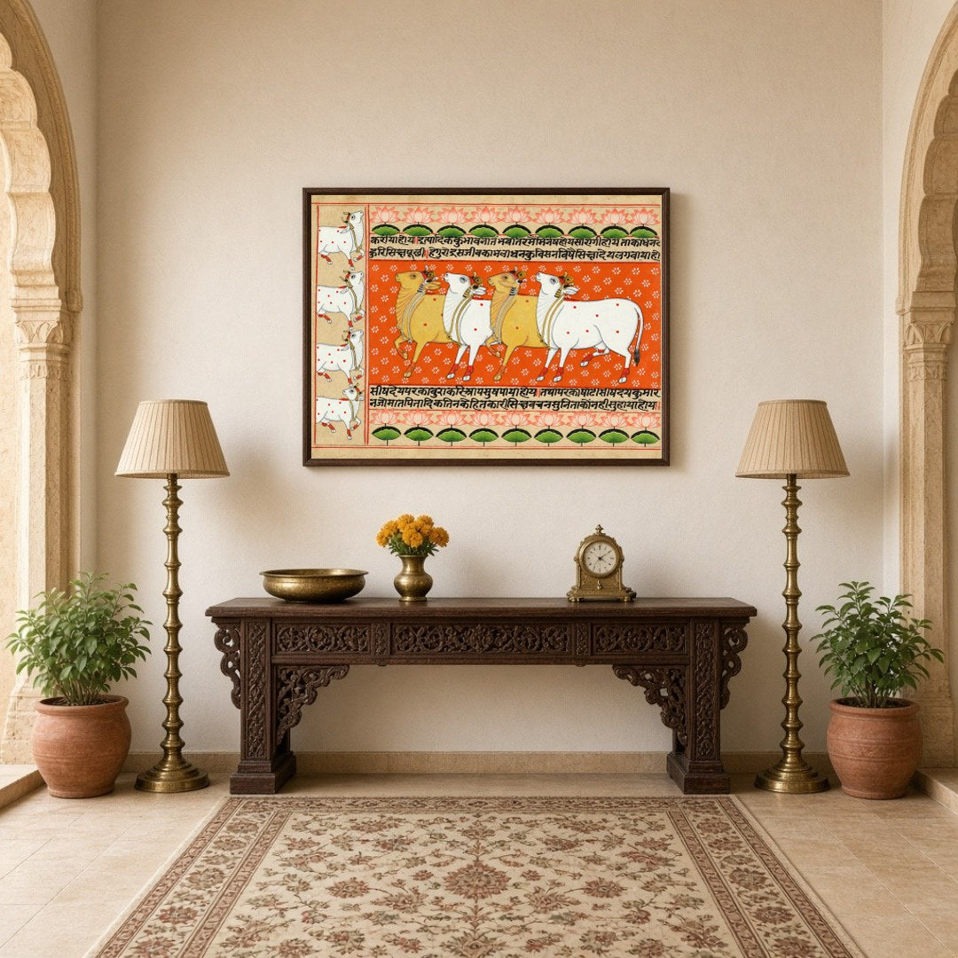 Immerse yourself in the vibrant tapestry of the 'Harmony of Kamdhenu and Lotus: Orange Pichwai for Hallway