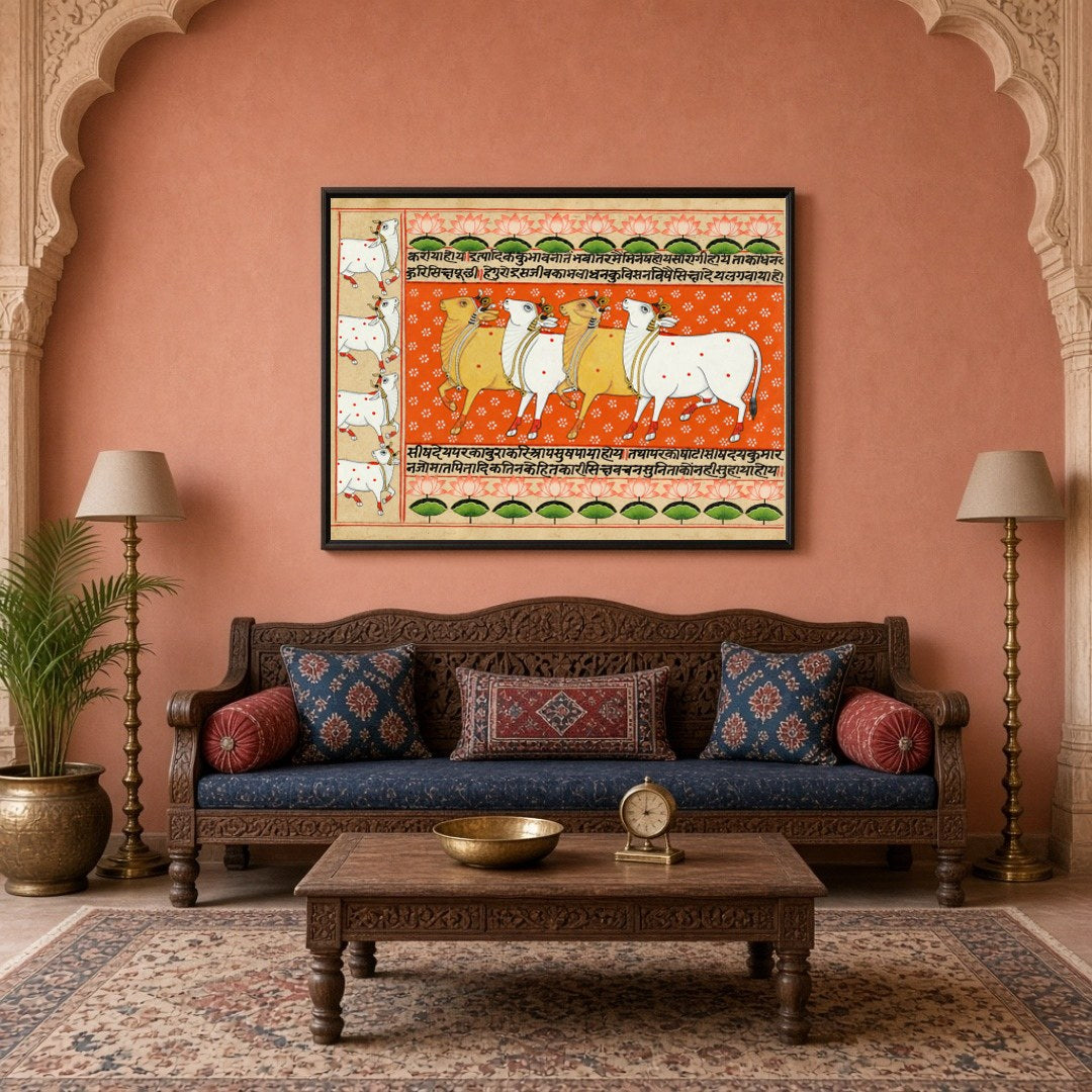 Immerse yourself in the vibrant tapestry of the 'Harmony of Kamdhenu and Lotus: Orange Pichwai for Living Room