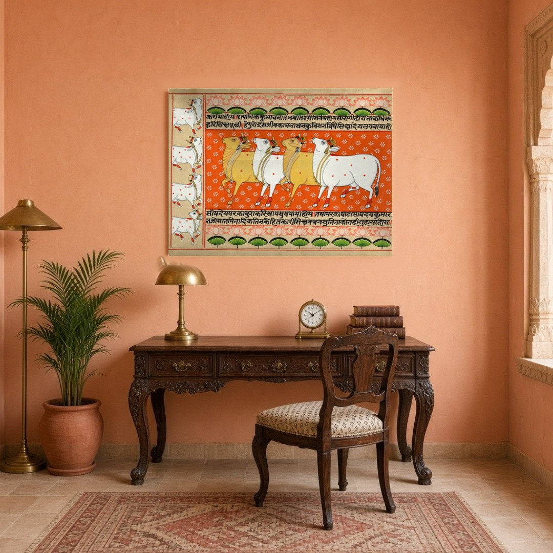 Immerse yourself in the vibrant tapestry of the 'Harmony of Kamdhenu and Lotus: Orange Pichwai for Study