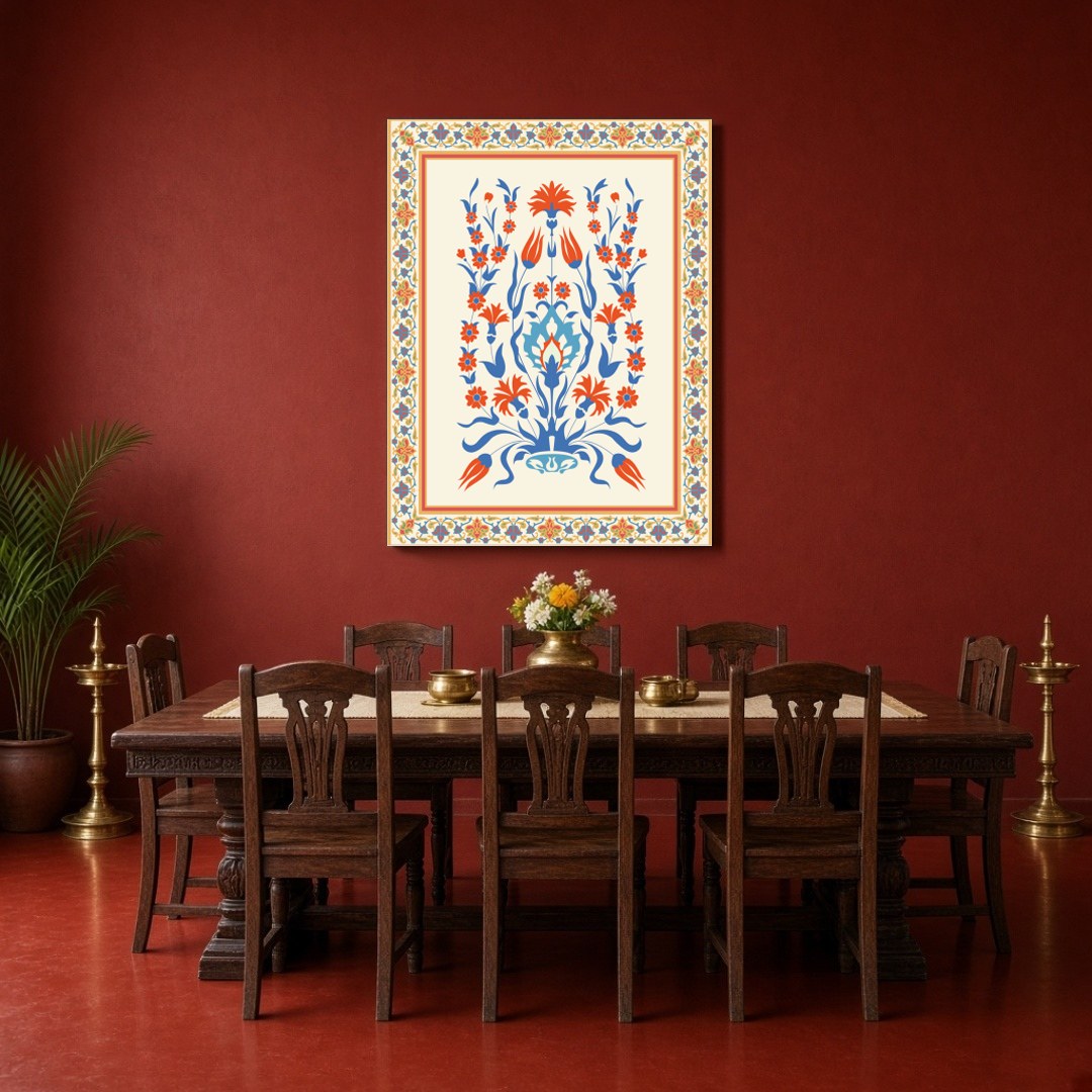 This exquisite art print captures the elegance of Mughal floral designs with a vibrant Turkish for Dining