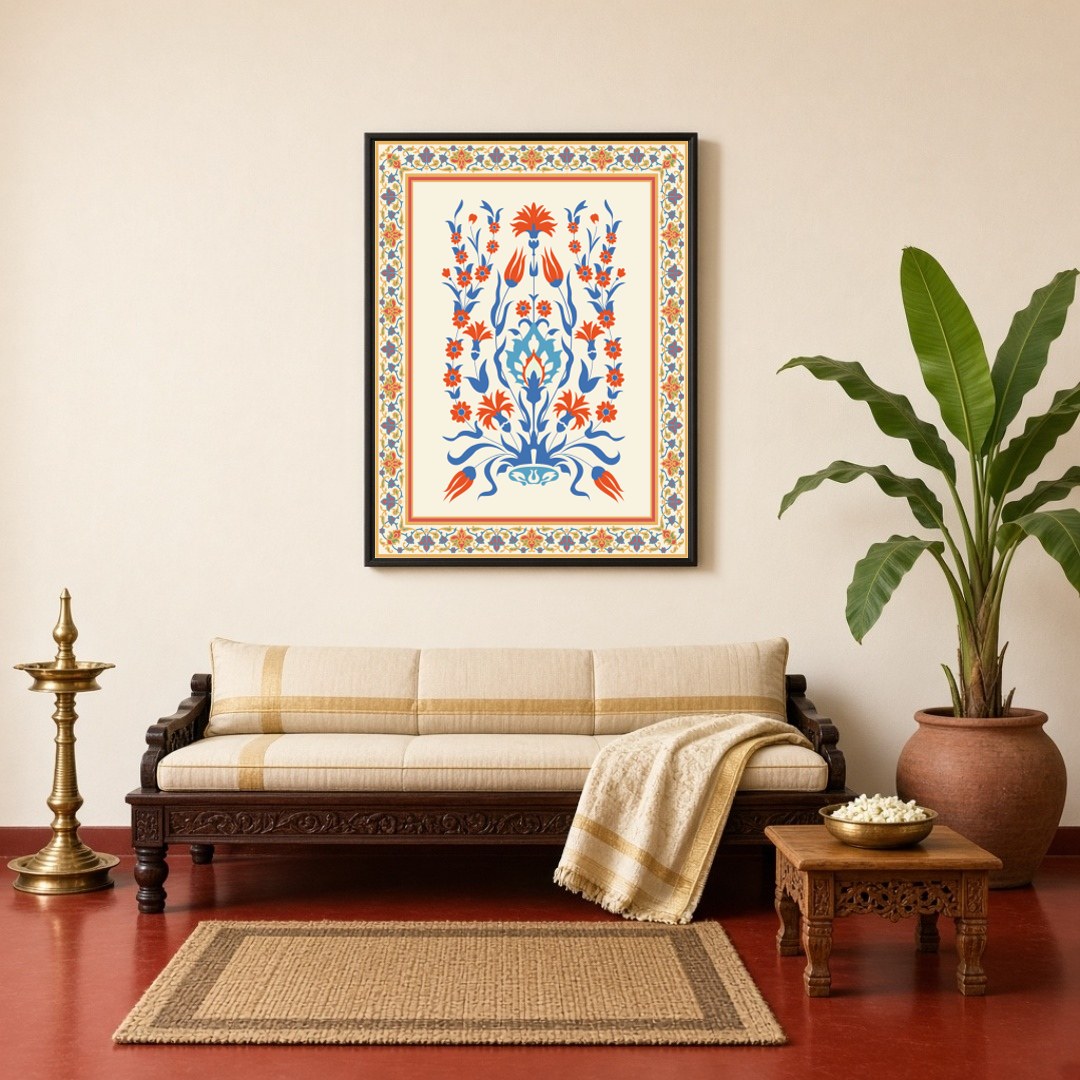 This exquisite art print captures the elegance of Mughal floral designs with a vibrant Turkish for Living Room