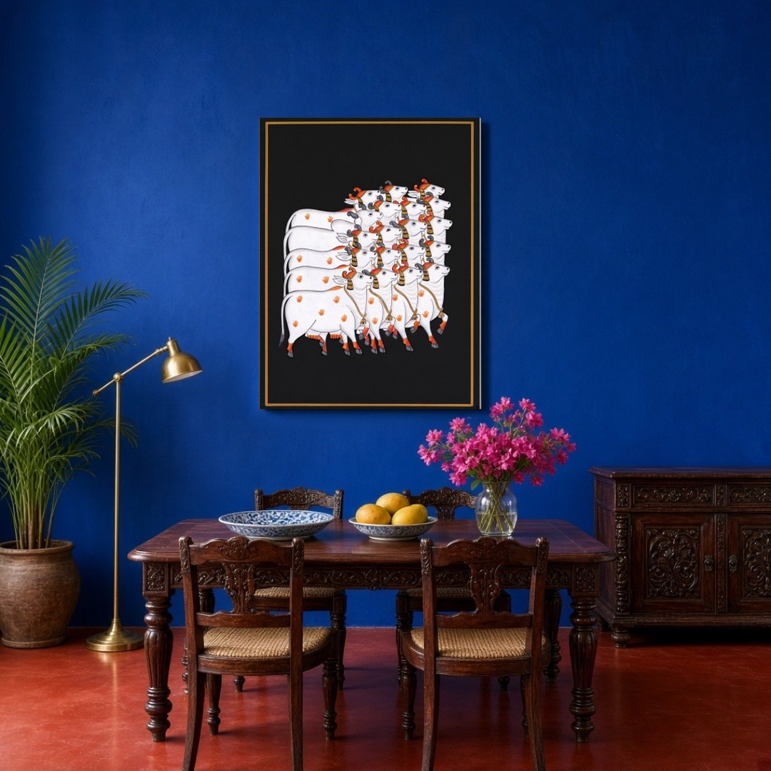 Embrace the serene beauty of the Pichwai tradition with this captivating artwork featuring a for Dining