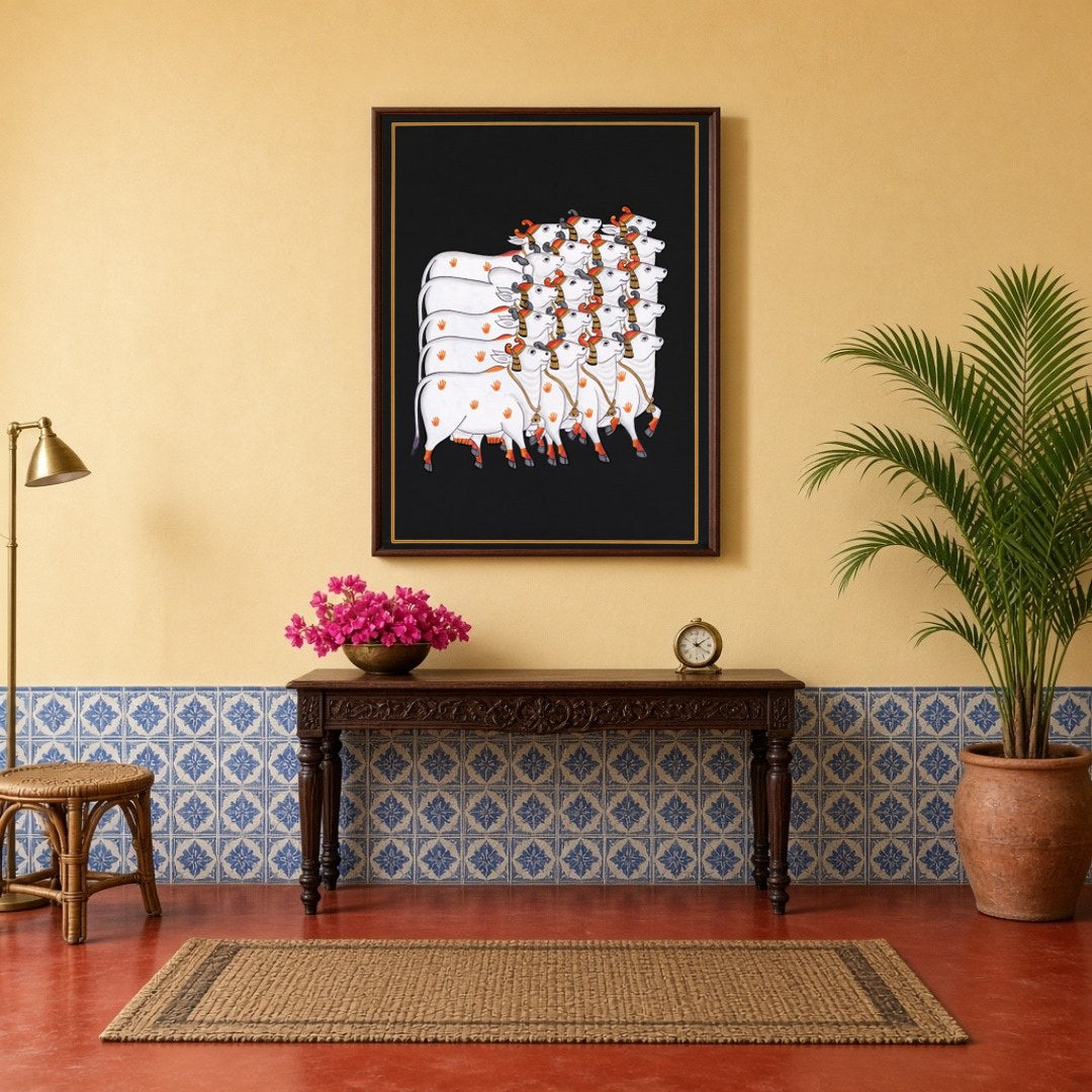 Embrace the serene beauty of the Pichwai tradition with this captivating artwork featuring a for Hallway