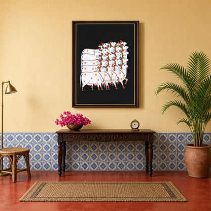 Embrace the serene beauty of the Pichwai tradition with this captivating artwork featuring a for Hallway