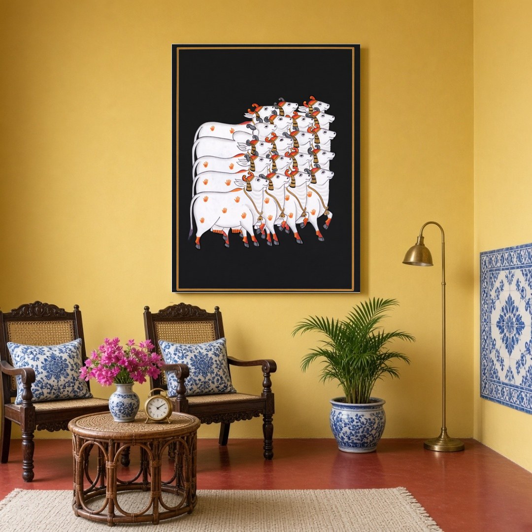 Embrace the serene beauty of the Pichwai tradition with this captivating artwork featuring a for Sitting Area