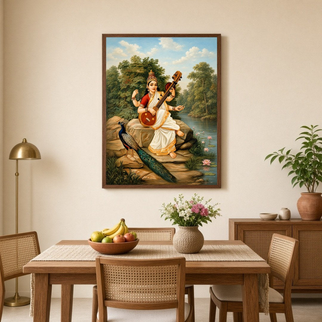 Immerse yourself in the serene beauty of this exquisite portrayal of Goddess Saraswati, the Hindu for Dining
