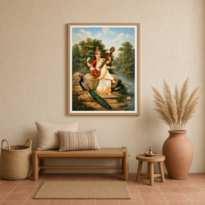 Immerse yourself in the serene beauty of this exquisite portrayal of Goddess Saraswati, the Hindu for Entrance