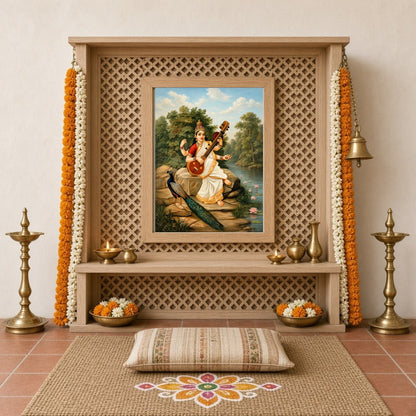 Immerse yourself in the serene beauty of this exquisite portrayal of Goddess Saraswati, the Hindu for Home Temple