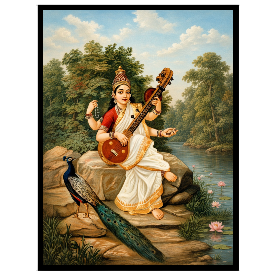 Immerse yourself in the serene beauty of this exquisite portrayal of Goddess Saraswati, the Hindu for interior